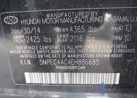 2014 Hyundai Sonata Limited from USA, damaged, VIN 5NPEC4AC4EH886685
